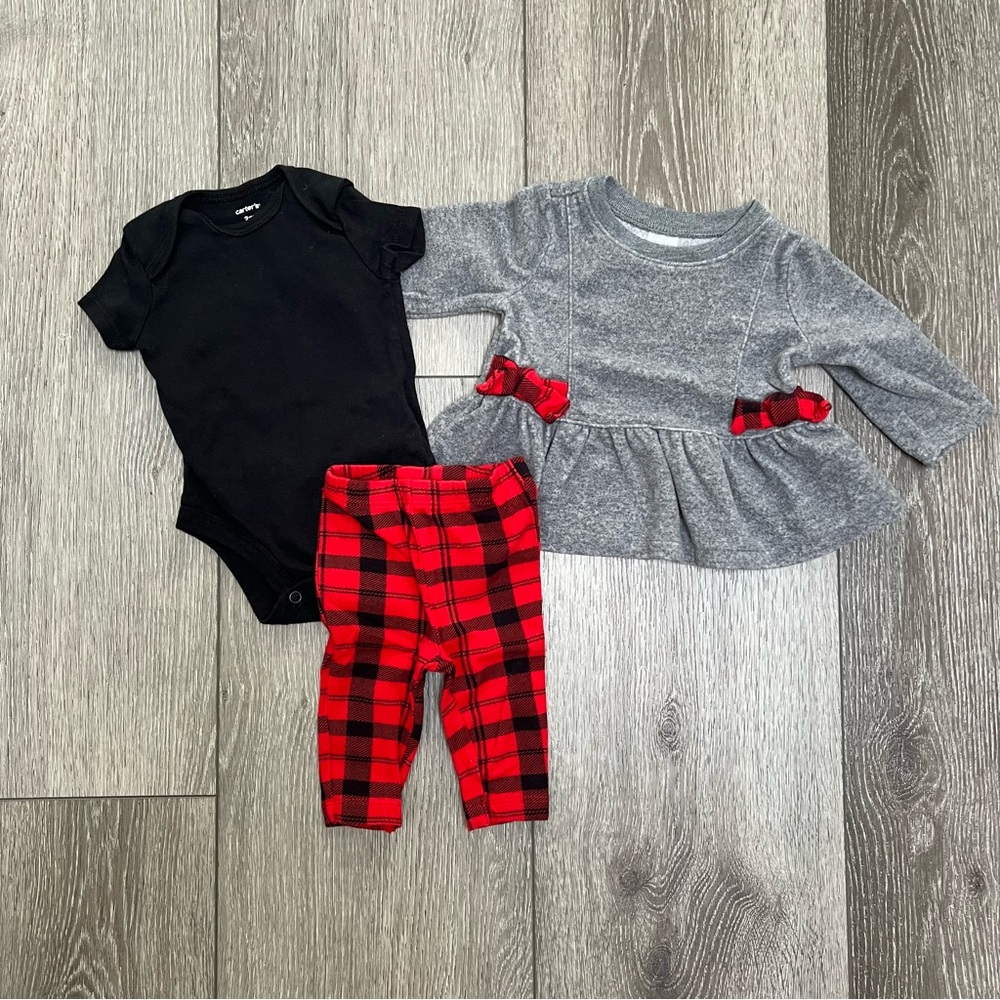 CARTERS 3PC ONESIE SWEATER PANTS OUTFIT BUFFALO CHECK 3MO